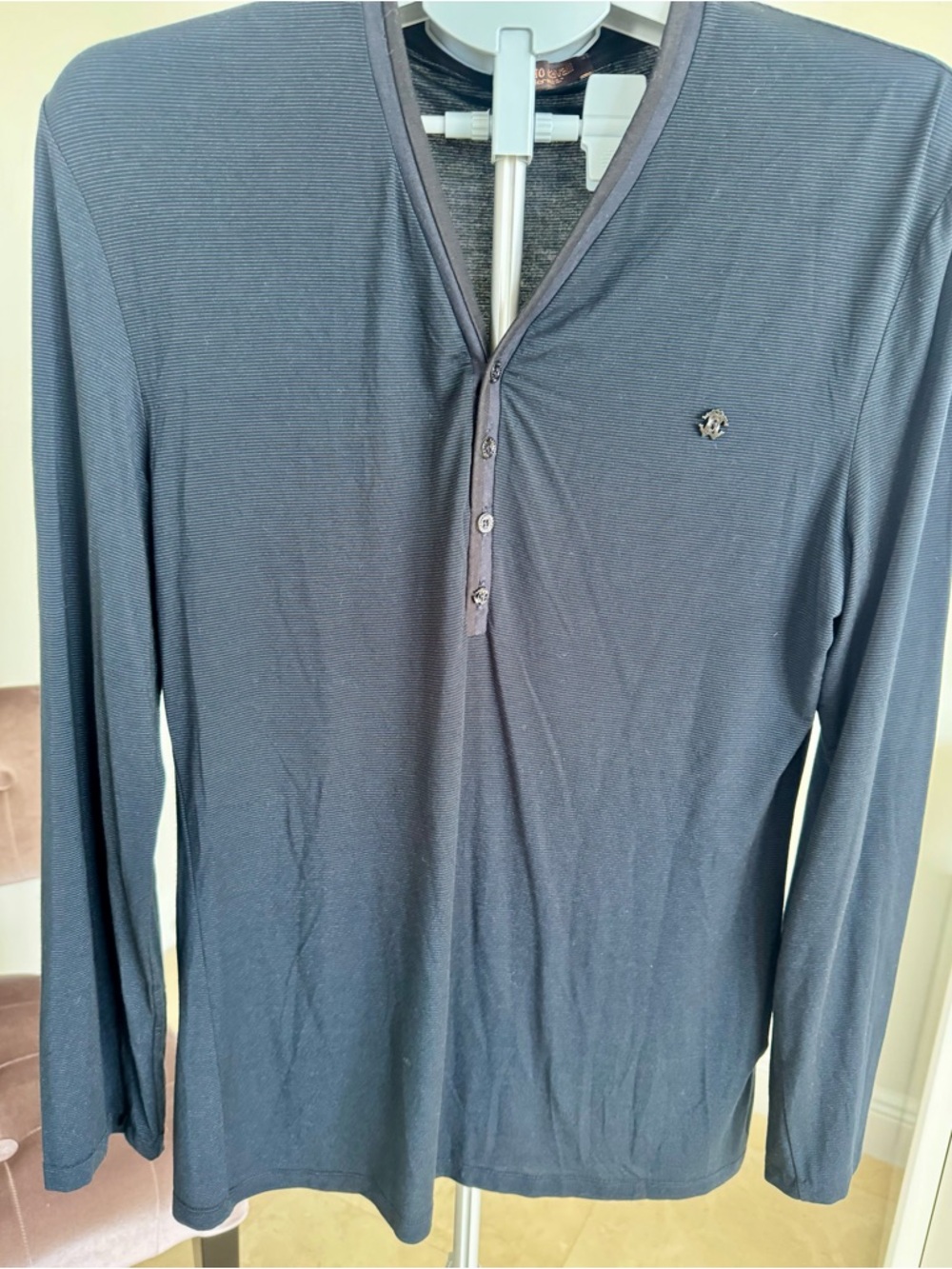 Roberto Cavalli Long-Sleeve Henley Shirt in Navy Blue, XL